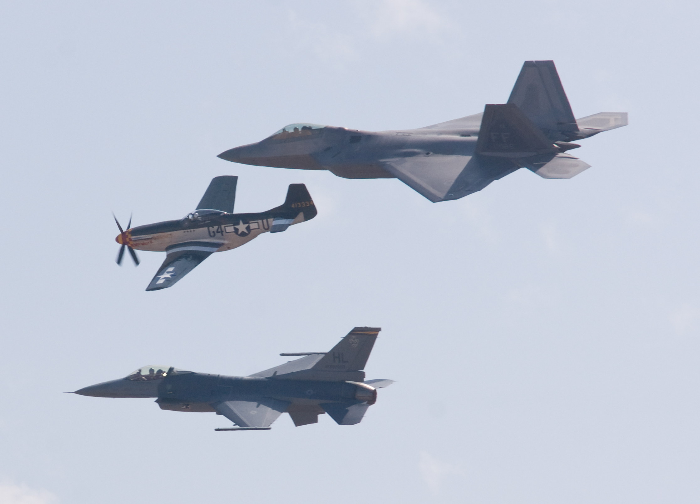 F-22 Raptor, F-16 Falcon, and Mustang