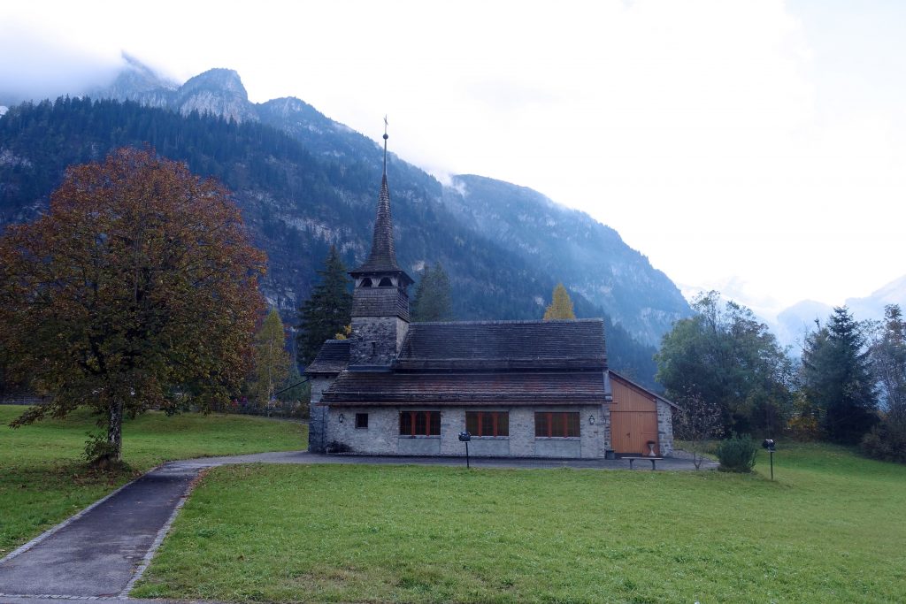 An old church in the Swiss mist.