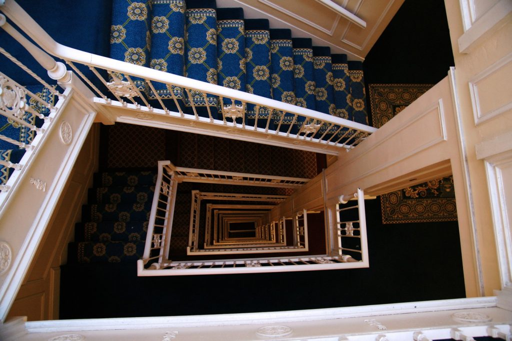 A view down the winding stairwell.
