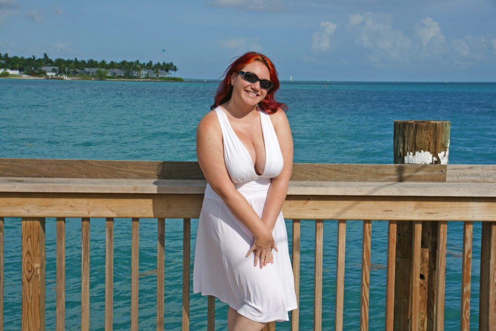 On the Key West boardwalk in a Marilyn Monroe dress.