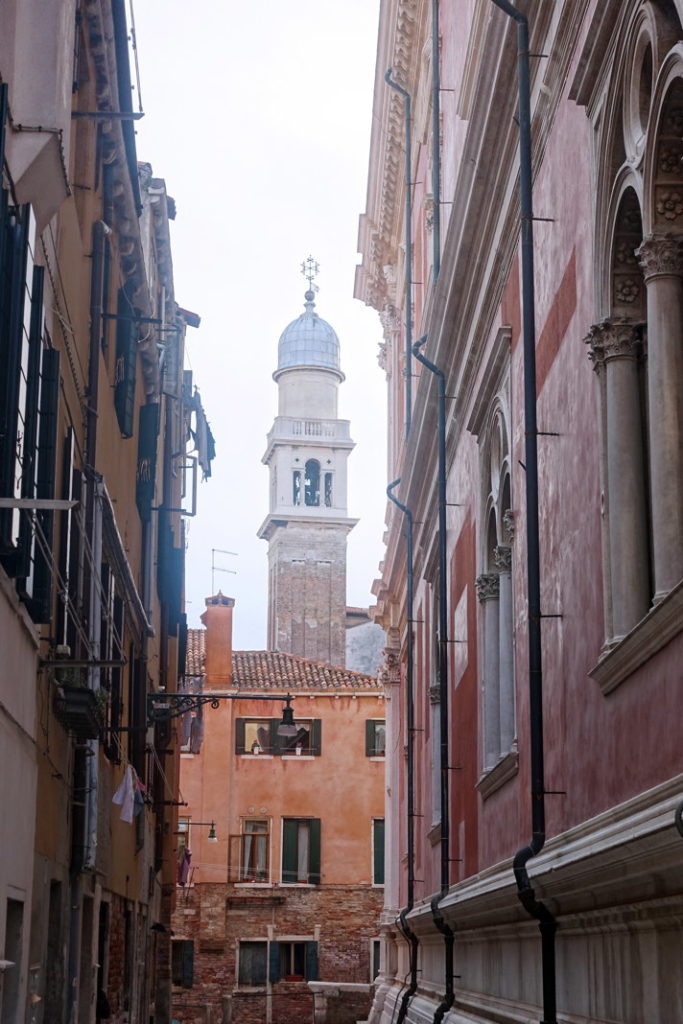 The bell tower of the Chiesa di San Pantaleone Martire, located on the Campo San Pantalon.