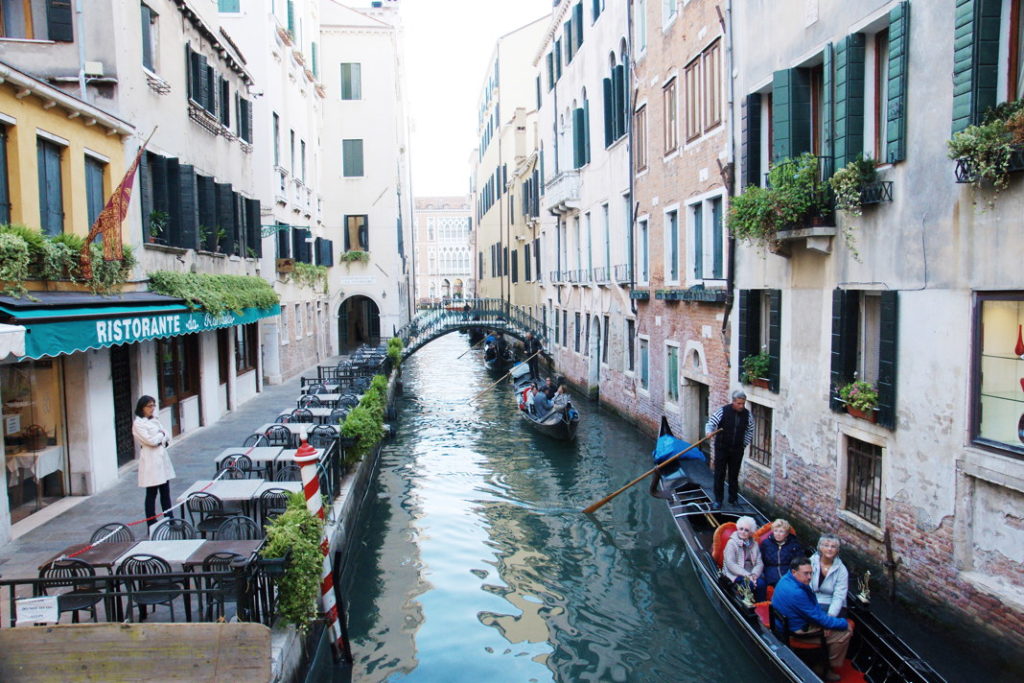 A line of gondolas in Venice.
