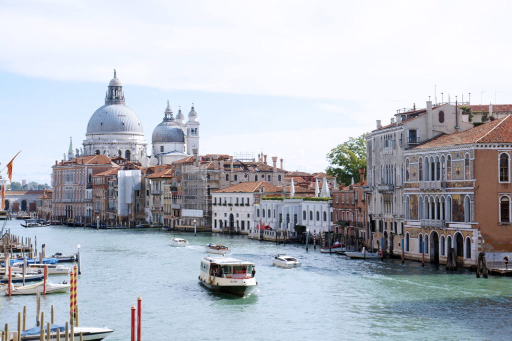 A view of the Basilica of Santa Maria della Salute along one of Venice’s canals.