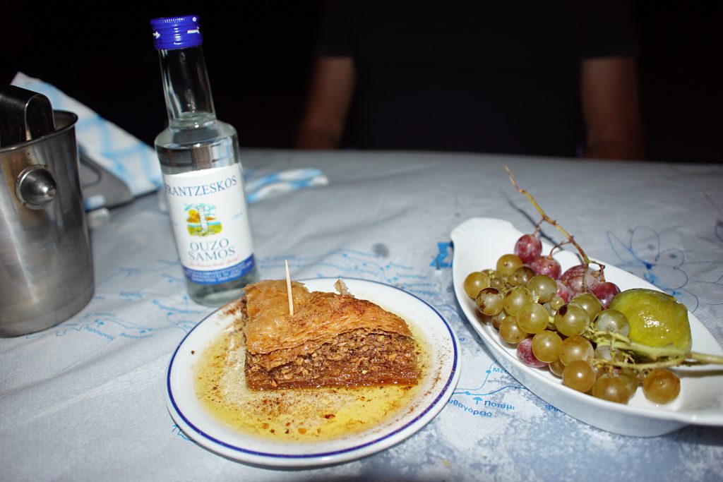 Baklava, grapes, and Ouzo, the perfect desert in Greece.