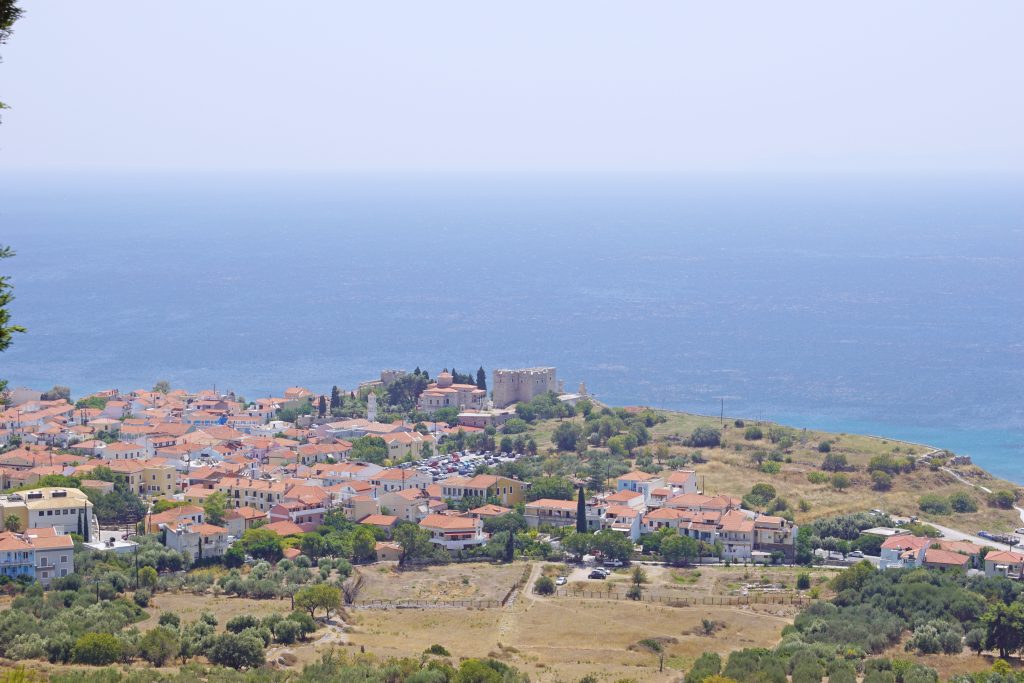 The castle is  situated on a hill at the southern end of Metamorfosis Sotiros.