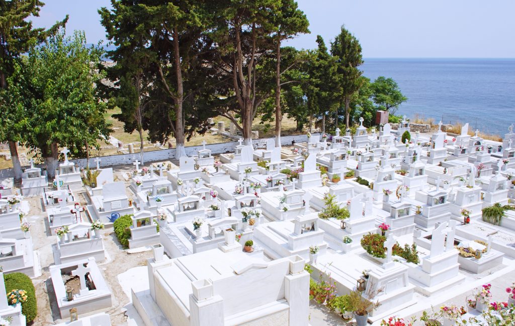 A modern graveyard abuts the castle.