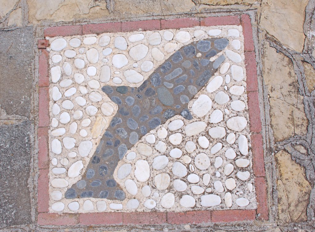 An inlaid sea creature (fish? dolphin?) decorates the courtyard.