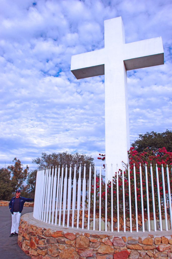 The Mt. Helix cross, surrounded by a fence crowned with crosses.
