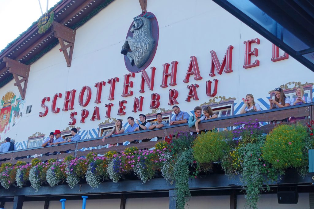 The outside balcony of a beer hall.