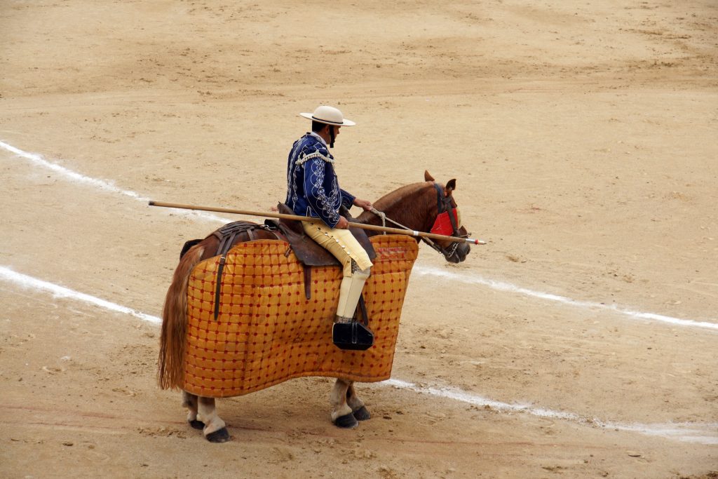 A picador on horseback stands ready.