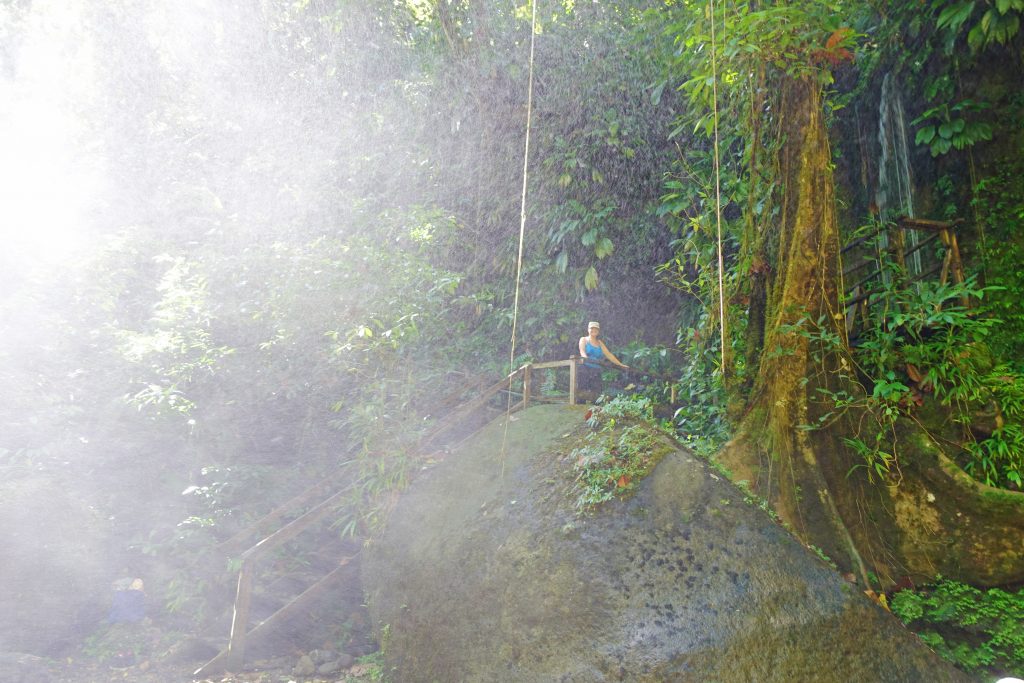 The mist from the falls fills the air.