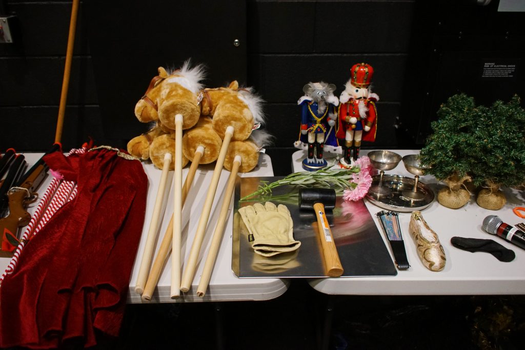 Props for The Nutcracker, carefully arranged.