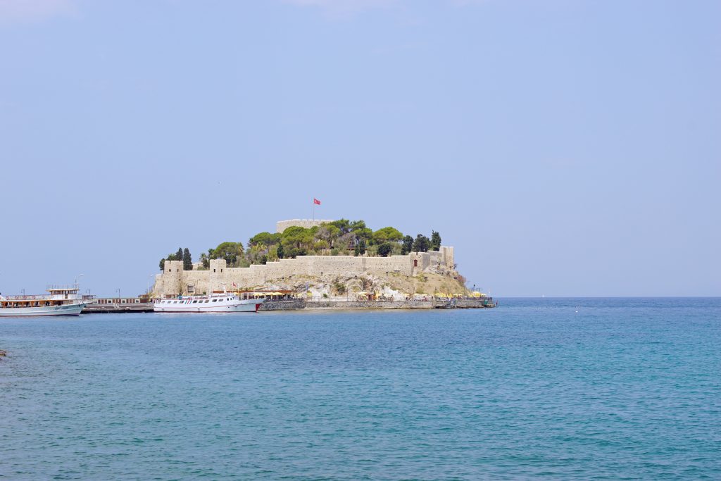 A view of the castle looking south, illustrating its once-island status.