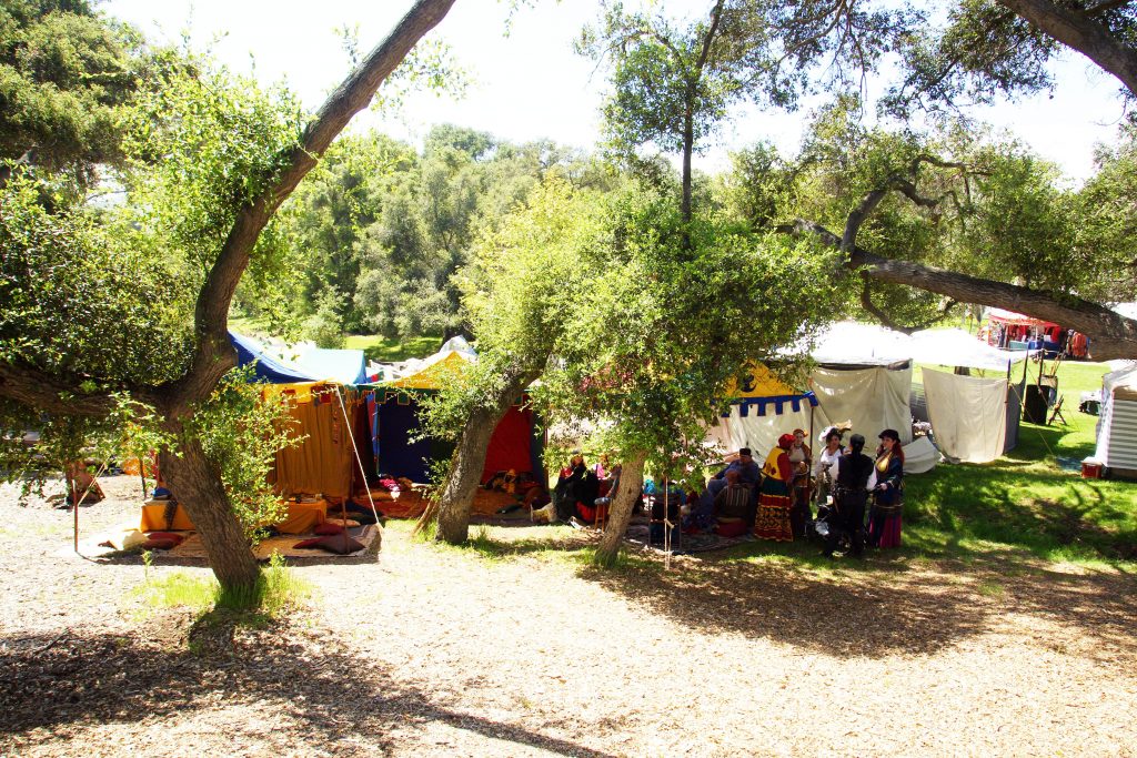 Colorful tents dot the meadow, nestled under the oak trees.