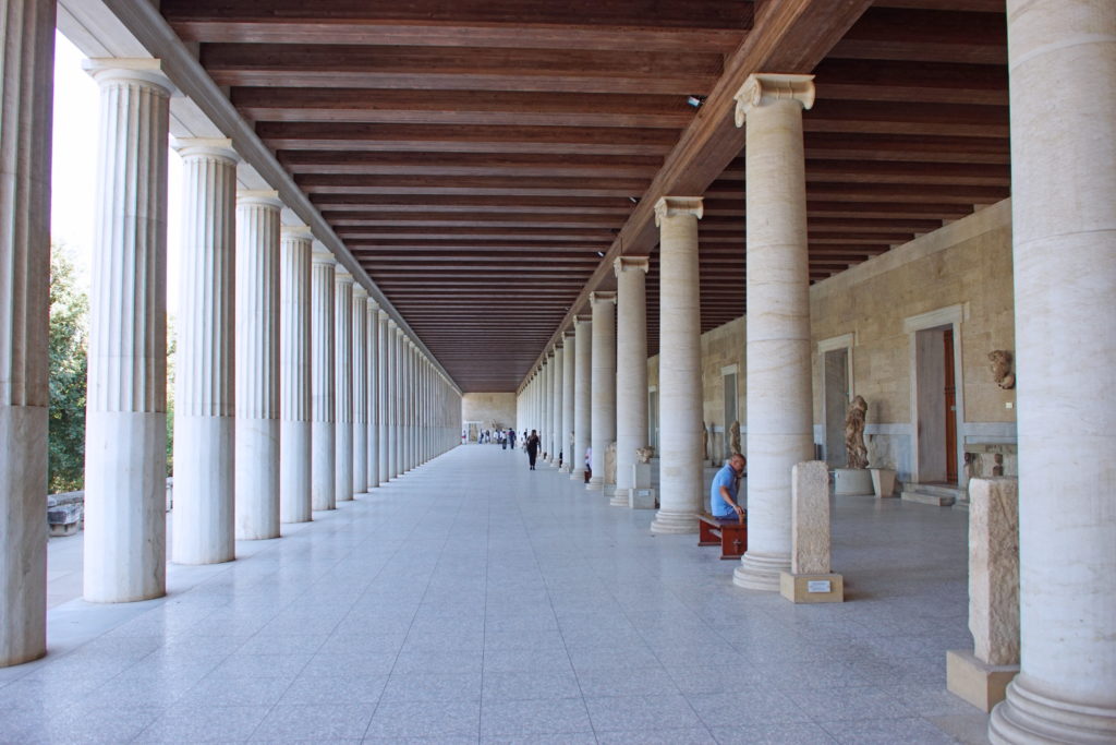 Note the different column styles of the stoa.