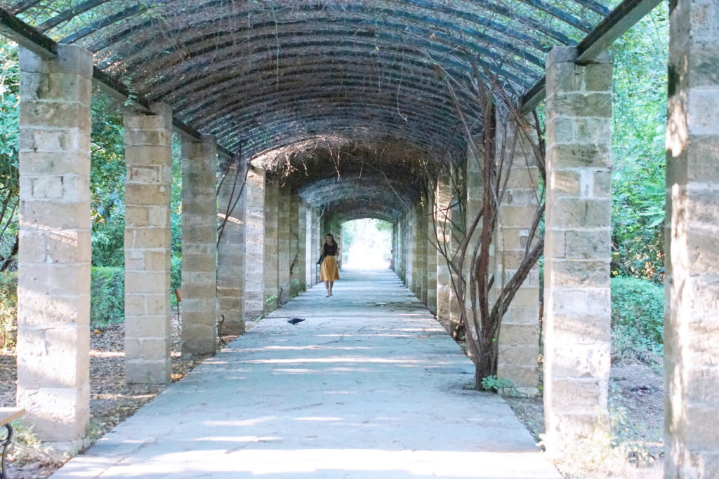 One of the covered walkways in the garden.