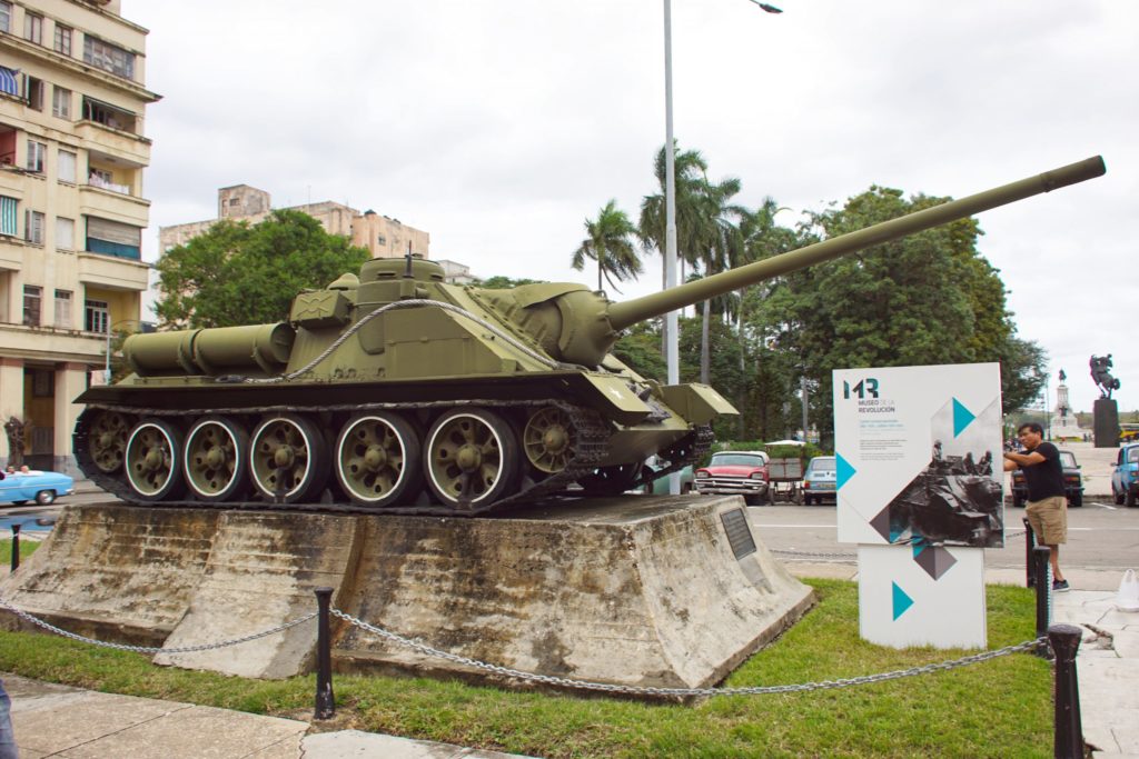 A Soviet tank destroyer on a pedestal, for some reason.