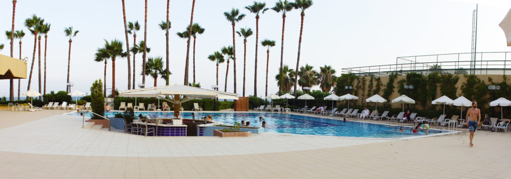 A hotel pool befitting a sea-side resort.