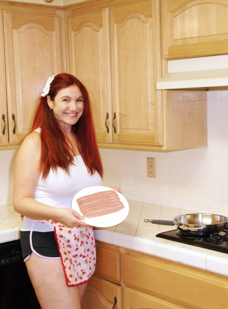 Bacon is grown in strips, making it convenient to prepare.